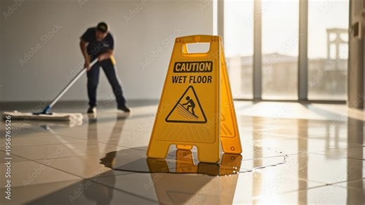Yellow caution wet floor sign with janitor cleaning shiny tiled floor in office building