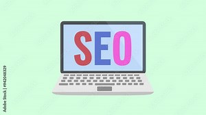SEO written in the middle of an animated computer. Search engine optimization themed animation. Web design. Light green background and green screen background.