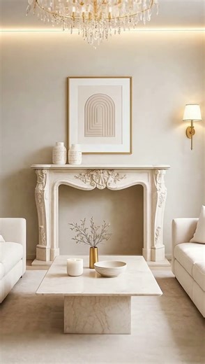 Custom-made fireplace made of white natural stone