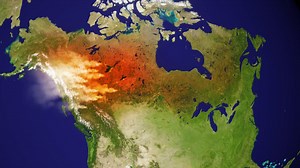 Canada forest fire map - 3d animation with smoke and aerial growth of damage - made of public domain image from nasa Premium Stock Video Footage