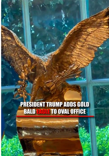 🦅President Trump adds a GOLDEN bald eagle to his Oval Office setup, alongside his iconic model Air Force One and a bust of Ben Franklin.