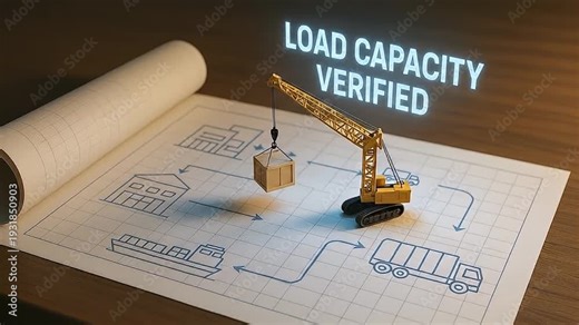 Load capacity verified signage above miniature crane lifting wooden crate top of rolled blueprint sheet showing logistics icons and flow arrows conveying careful planning and safe transport model