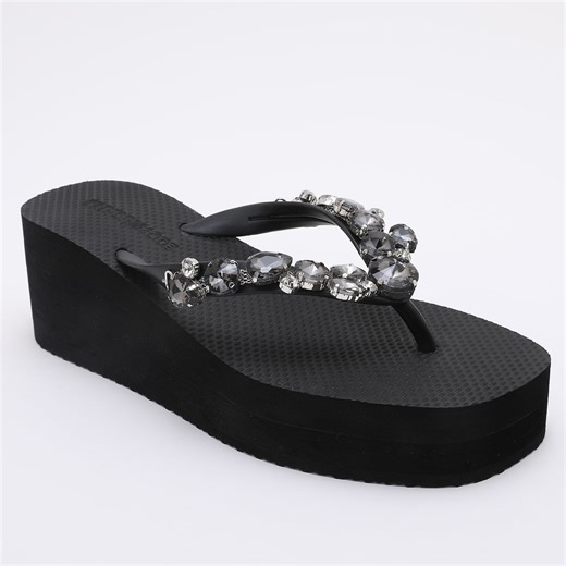 Trendin Mode Women's Rhinestone Wedge Flip Flops - High Platform Comfort Thong Sandals with Iridescent Crystals