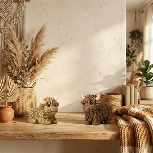 Highland Cow Figurine Decor, Scottish Cow Statue, Farmhouse Animal Decor, Cute Cow Ornament, Rustic Shelf Decor - Etsy