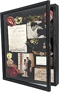 Shadow Box 13x16 Front Open with Hinge Beaded Designed Display Case with Linen Back, Picture Frame Wedding Bouquet Memorabilia Medals Photos Memory Box for Keepsakes Black