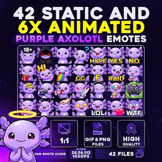 42   6 Animated Purple Axolotl Emotes Pack PNG & GIF for Streamers, Twitch, Discord, Kick, | Chibi Ocean Axolotl Mega Emote Pack - Etsy Canada