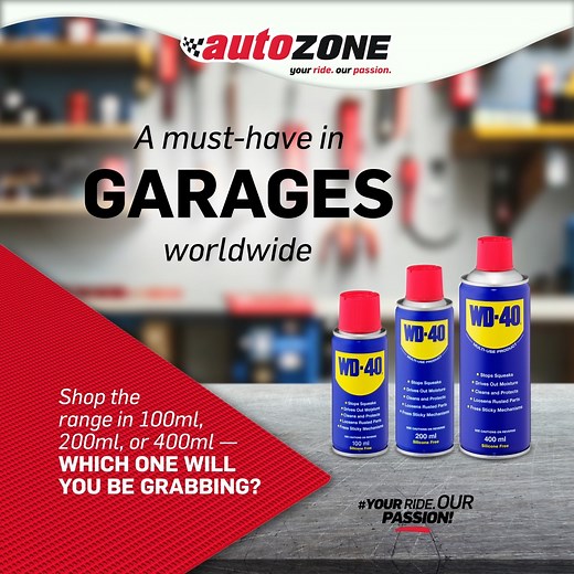63 reactions · 11 shares | ️ WD-40 is a classic for a reason. Its versatility has made it a must-have in garages worldwide. From preventing rust to fixing sticky mechanisms, it makes maintenance easy. A little goes a long way in protecting what you love.  Shop the range in 100ml, 200ml, or 400ml — which one will you be grabbing?  https://bit.ly/47CnpRo #YourRideOurPassion | AutoZone South Africa | Facebook