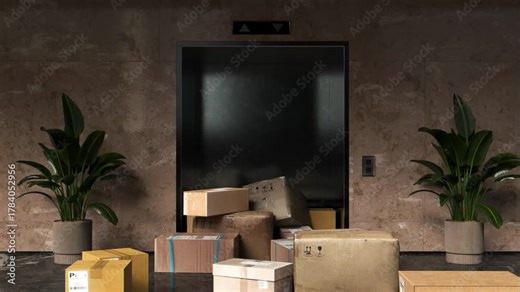 Cardboard boxes fall out of the elevator and scatter across the floor in slow motion creating a chaotic delivery scene.