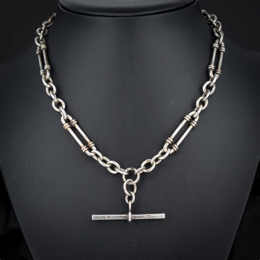 Antique Sterling Silver Trombone Double Albert Chain With T-bar and Dog Clips | 16" - Etsy