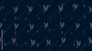 Wheat symbols float horizontally from left to right. Parallax fly effect. Floating symbols are located randomly. Seamless looped 4k animation on dark blue background