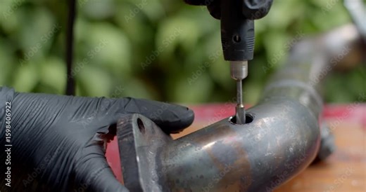 Grinding the edge of a pipe to widen the hole and make space for welding an O2 sensor adapter securely.