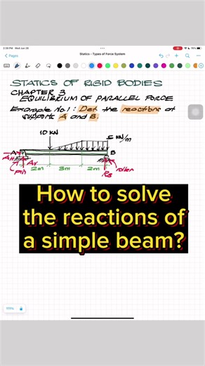 Solving the reactions for Simple Beam #cebox #ceboxtutorial #fyp #class #supports #reactions #equilibrium #rollersupport #hinge #fixedsupport #StaticsOfRigidBodies #Tiktok #Youtube #cables #methodofjoint #simplebeam #structuralTheory | CE Box Tutorial Page