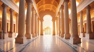 A grand hall with classical architecture featuring tall pillars and arched ceilings is bathed in sunlight.