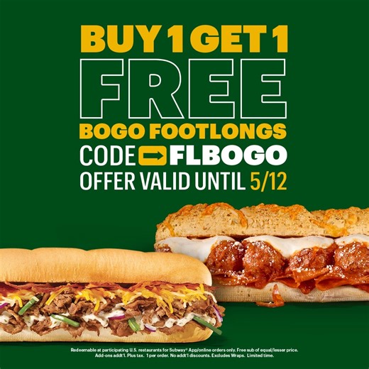 Double the sub, double the yum 😋 Buy 1 footlong, get 1 free with promo code FLBOGO. Offer ends May 12th! https://www.subway.com/ | Subway