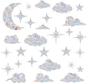Window Decals to Prevent Bird Strikes, Anti-Collision Window Stickers, Bird Strike Prevention Window Clings - Rainbow Prism Static Decals for Glass Doors & Windows (Moon,Clouds and Stars)