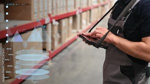Storage worker in uniform is in the warehouse with laptop. Layers of different information and data.