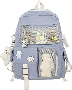 Cute Backpack Kawaii Backpack with Cute Pin Accessories and Plush Pendant Aesthetic Backpack School Backpack for Girls (Blue)