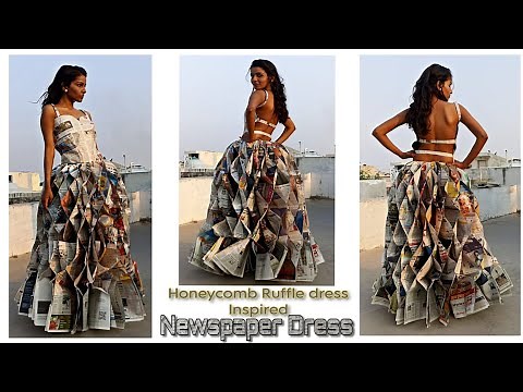 How to make paper dress|Newspaper dress challange|honey comb ruffle paper dress|Creative paper dress