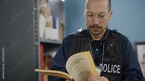 Police officer reading sensitive documentation in case files