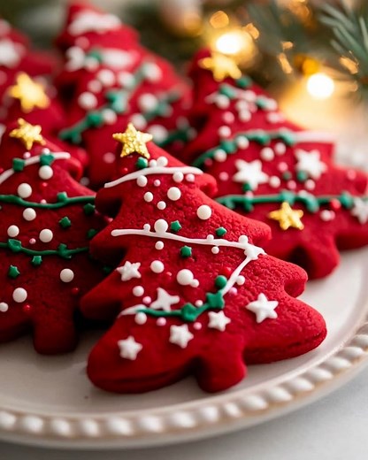 Here’s a recipe for those beautiful Red Christmas Tree Sugar Cookies like in your image 🎄❤️ --- 🎅 Red Christmas Tree Cookies Recipe 🧁 Ingredients For the cookies: 2 ¾ cups (340 g) all-purpose flour 1 teaspoon baking powder ½ teaspoon salt ¾ cup (170 g) unsalted butter, softened 1 cup (200 g) granulated sugar 1 large egg 2 teaspoons vanilla extract (or almond extract for extra flavor) Red food coloring (gel works best for vibrant color) For the royal icing: 2 cups (240 g) powdered sugar 2–3 ta