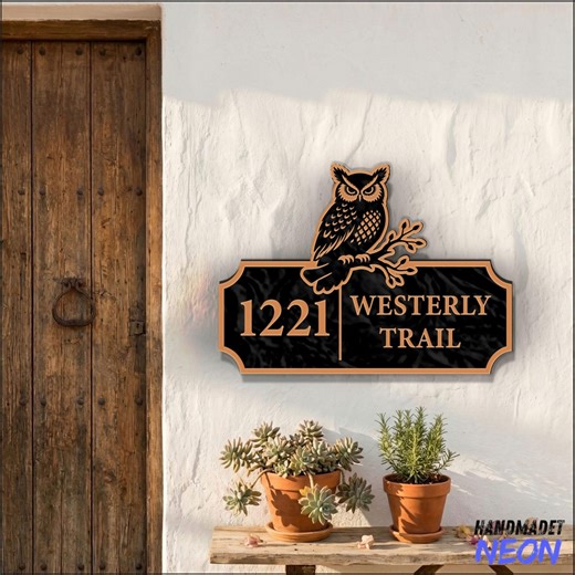 Custom Owl Address Sign, Forest Night House Number Plaque, Nature Inspired Outdoor Decor, Brass Address Sign Plate