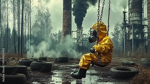 child in biohazard suit and respirator on swing near factory, bad ecology