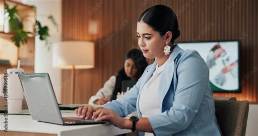 Businesswoman, typing and research with laptop, office and financial forecast on website and review. Business analyst, online and person with tech for investment proposal, reading and budget on app
