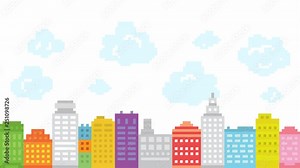 Pixel art style city with animated clouds. Retro game buildings location. HD motion graphic.