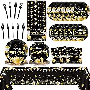 98pcs We Will Miss You Party Decorations Farewell Disposable Paper Plates Napkins Forks Tablecloth Going Away Party Supplies Goodbye Leaving Retirement Party Desserts Dinner Tableware Favors 24 Guests
