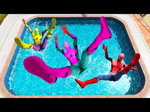 GTA 5 Rainbow Yellow Vs Pink & Red Spiderman Jumping Into Pool (Euphoria Physics/Ragdolls) #1