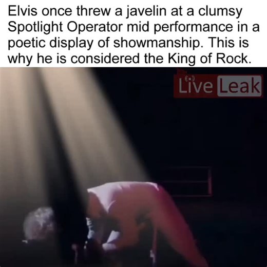 The Elvis Sandwich on Instagram: "Elvis had little patience for distractions when he was on stage, and that night the spotlight operator’s repeated blunders pushed him past his limit. In the middle of his performance, with thousands of eyes fixed on him, the beam kept slipping away, breaking the atmosphere he worked so hard to create. Rather than allow the show to be ruined, Elvis acted decisively, grabbing a javelin and launching it toward the fumbling operator. Far from an act of recklessness,