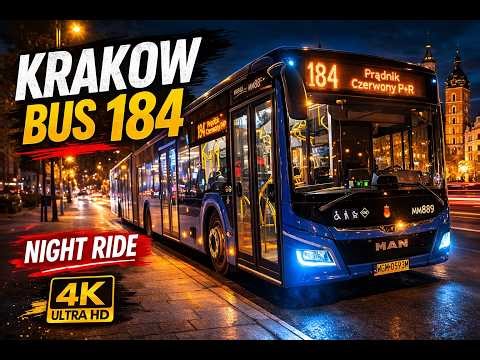 POV Night Bus Ride in Kraków 🇵🇱 | Route 184 Relaxing City Drive 4K