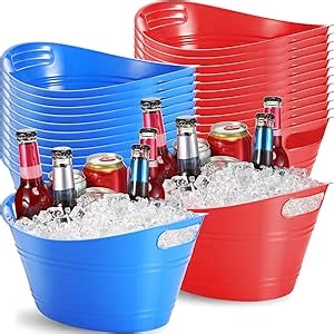 Norme 24 Pcs Oval Storage Tub with Handles, 4.5l Plastic Ice Buckets Bulk for Wine Beer Champagne Drink Cooler Beverage Storage Tub for Parties BBQ Weddings Party Outdoor Celebration(Blue & Red)