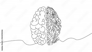 Organized vs Disorganized Mind with Human Brain half logic and creative against half chaotic messy tangled. Drawing continuous line animation. Metaphor Concept