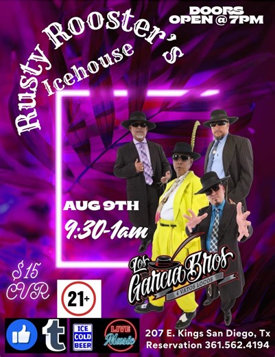 Upcoming events 👀 Friday, 8/8/25 Eagle Pass, TX 🦅 Kickapoo Lucky Eagle Casino Kickapoo Que Pasa Lounge Saturday, 8/9/25 San Diego, TX Rusty Rooster’s Icehouse See you there 😎 #foryou #fyp #vatoslocos #losvatosmaslocosdetejas #makeitconjuntocarnal #aguilatejas #elbro #los4vatoslocos #losgarciabros #losgarciabrothers | Los Garcia Brothers