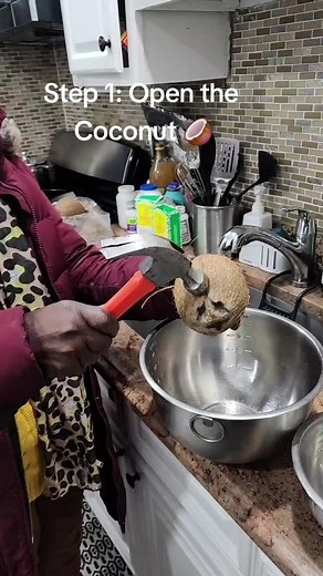 Step 1: Break the brown coconut up with a hammer. A knife will not suffice #coconutmilk #coconut #coconutoil #mctiktok #mct #mctoil #natural #naturalcooking #costsavings #browncoconut #naturalrecipes #naturalrecipe #holistichealing #weightloss #holistichealth #nopreservativesadded #costfriendly