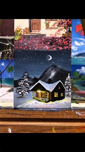 A tutorial on how to paint a night landscape of a house in winter✨#art #painting #tutorial