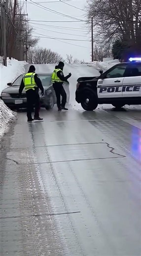 Police Officer Narrowly Escapes Out-of-Control Car on Icy Hill