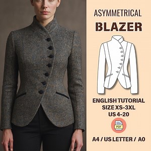 Asymmetrical Blazer Sewing Pattern PDF, Women's Irregular Jacket Pattern, Tailored Tweed Equestrian Blazer, Wool Jacket With High Neck - Etsy