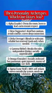 These Greek letter classifications aren't just for men—they describe universal human drives! Are you the dominant Alpha Leader, the supportive Beta, the independent Sigma Lone Wolf, or the rule-breaking Gamma Rebel? Identify your core traits and unlock new levels of self-awareness. 👇 Drop the number of your type below! 🥰💪 #PersonalityTypes #Archetypes #SelfAwareness #Leadership #IntrovertLife #Extrovert #KnowYourself #Motivation #SigmaLife #Psychology #fblifestyle | James Michael