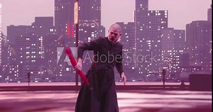 Mime or clown play and acting with a red umbrella modern city skyline at night in the background.