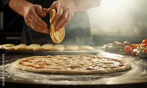 Chef making pizza, dough preparation, Italian food, professional cooking, pizza making process