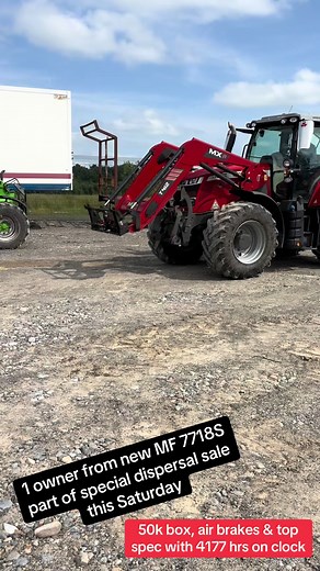 This 1 owner from new 2020 Massey Ferguson 7718S Dyna 6 with a MX Loader will be up for sale this Saturday at our monthly auction. This top spec tractor is part of a special dispersal sale on behalf of a Longford farmer and it comes with a full service history. There is 4177 hours on the clock, Front linkage, 50k box, air brakes and all round suspension. Any test drive is welcome. Yard is full and no more entries can be accepted. Auction Date/Time: Saturday 21st June commencing 10am Auction Yard