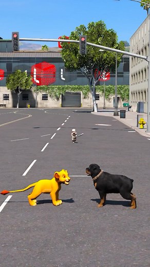 Animated Lions and a Dog Play in the City