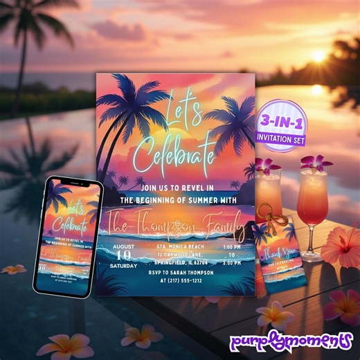 Summer Party Invitation Tropical Sunset Theme Editable Digital Download Beach Event Invite Set Customizable Design - Etsy
