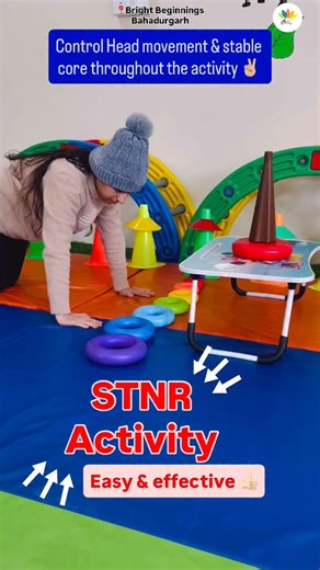 Bright Beginnings (Bahadurgarh) on Instagram: "STNR Integration Activity 🌟 This simple play-based activity helps children improve: ✔️ Postural control ✔️ Hand–leg coordination ✔️ Core strength & stability ✔️ Balance and body awareness 🌈 STNR (Symmetrical Tonic Neck Reflex) integration is important for sitting, crawling, writing, reading, and overall motor planning. When reflexes are well integrated, learning becomes easier and movement becomes smoother 💙 ✨ At Bright Beginnings, we focus on fu