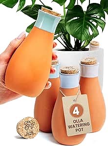4 Pcs Ollas Terracotta Watering Pots Large - 14 Oz Self Watering Planter Insert Olla Watering System for 1-Week Easy to Refill - Clay Plant Watering Globes for Outdoor & Indoor Plants [4, Multicolor]
