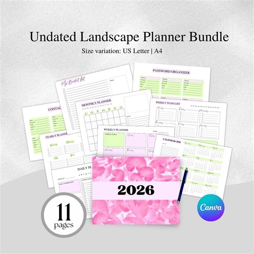 Undated Digital Planner Landscape Canva Template, Printable, Calendar, Daily, Weekly, Yearly, Monthly, To-do List, Habit Tracker, PDF - Etsy
