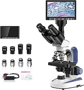 Vitano Lab Compound Trinocular Microscope with 40X-2500X Magnification, Dual-View Microscope for Adults Student with 7’’ Screen, Built-in 5MP Camera, Double Layer Mechanical Stage(Dark Blue)