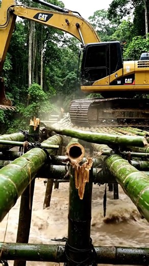 😱 Will it Break? Excavator Crossing Old Bamboo Bridge